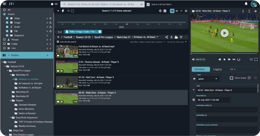 A dark clip-management interface: player with a football match, clip list and metadata column