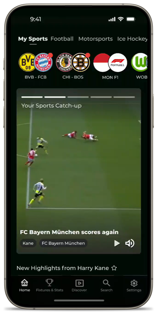 The Highlights App on a phone: tabs for My Sports, Football, Motorsports and Ice Hockey, followed teams, and a catch-up clip