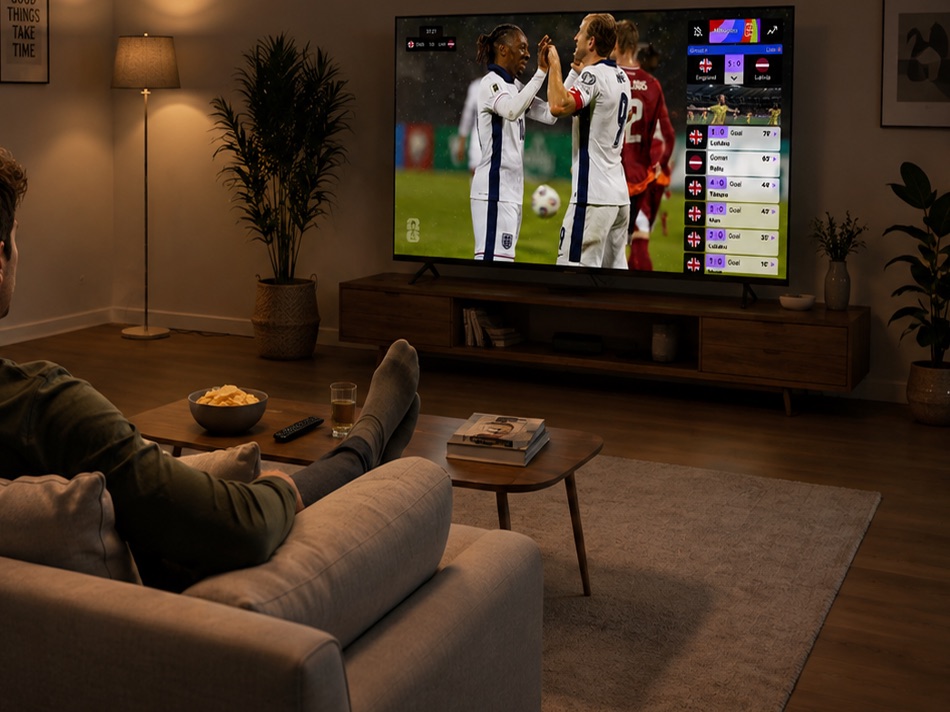 A living room in the evening with an international match on the television, an event list and concurrent fixtures listed on the right
