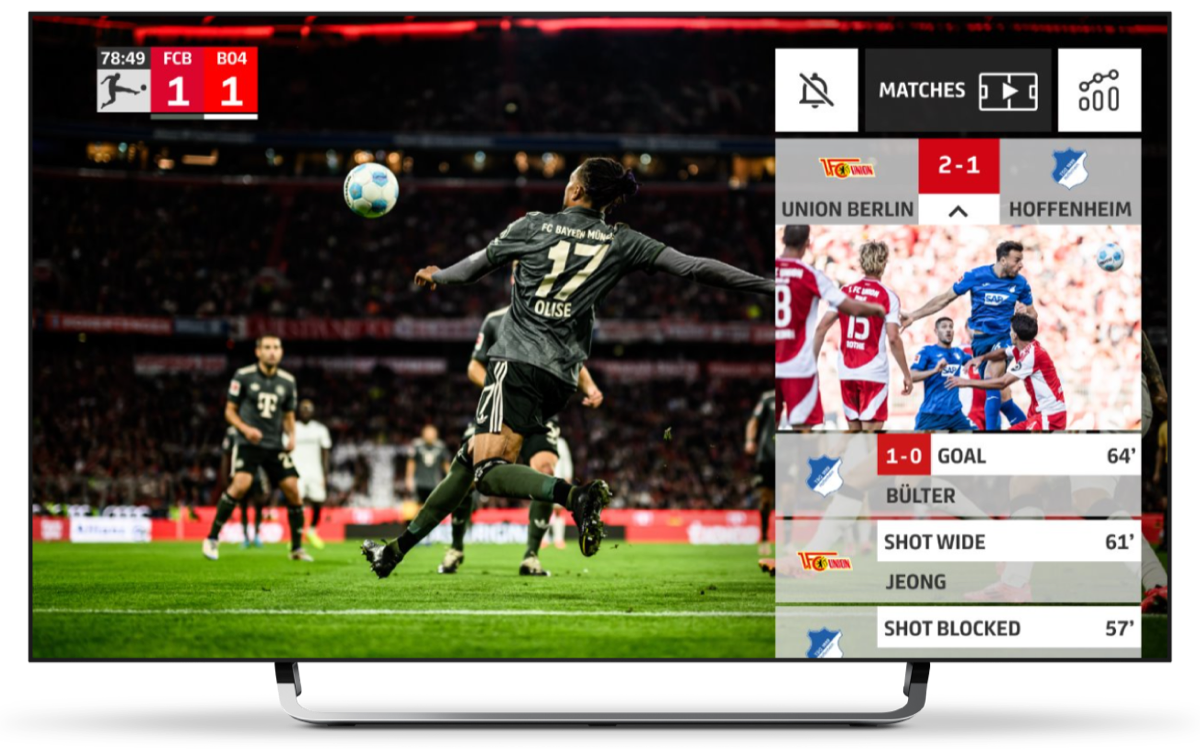 A television showing a Bundesliga match with live data, a parallel fixture and an event list beside the picture