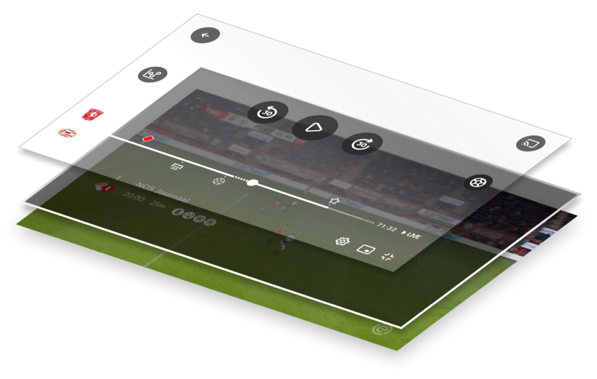 An exploded view of three layers over one another: buttons and team crests on top, playback controls with an event timeline below, and the live football picture at the bottom
