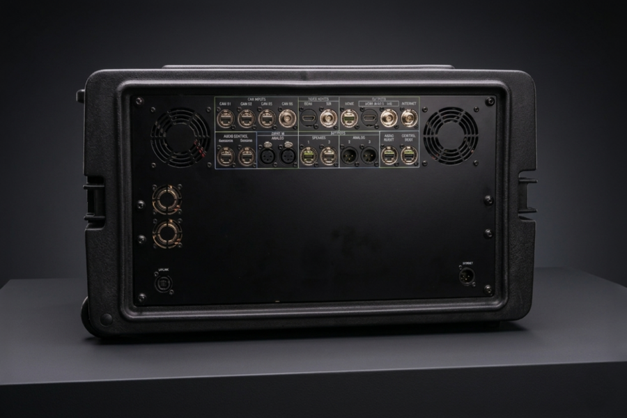 Rückansicht eines professionellen Audiomixers.