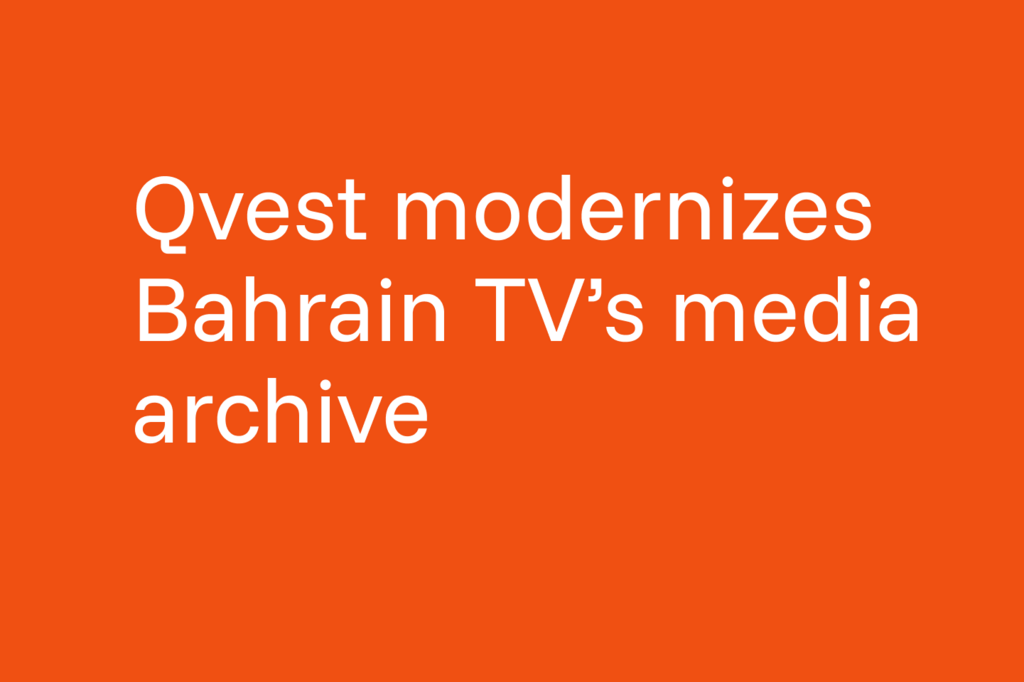 Modern studio set with cameras with headline "Qvest modernizes Bahrain TV's media archive"..