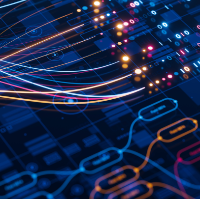 Abstrakte Darstellung von Datenströmen und neuronalen Netzwerken mit leuchtenden Linien und digitalen Symbolen.