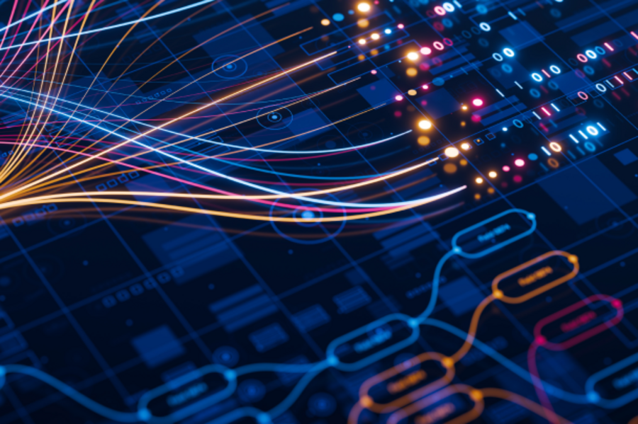 Abstract visualization of data streams and neural networks with glowing lines and digital symbols.