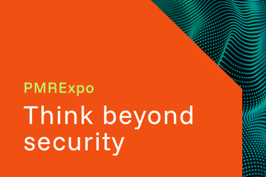 Graphic for PMRExpo 2025 showing a man holding a smartphone and event details for the trade fair in Cologne.