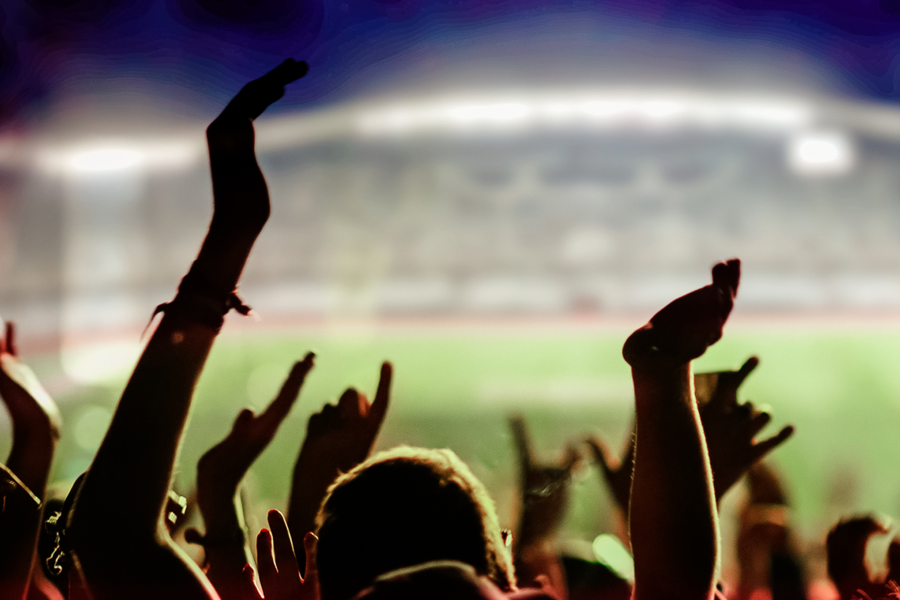 Crowd cheering at a stadium.