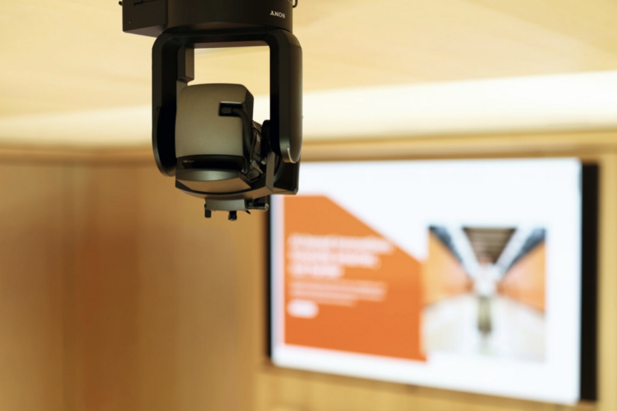 Ceiling-mounted video camera.