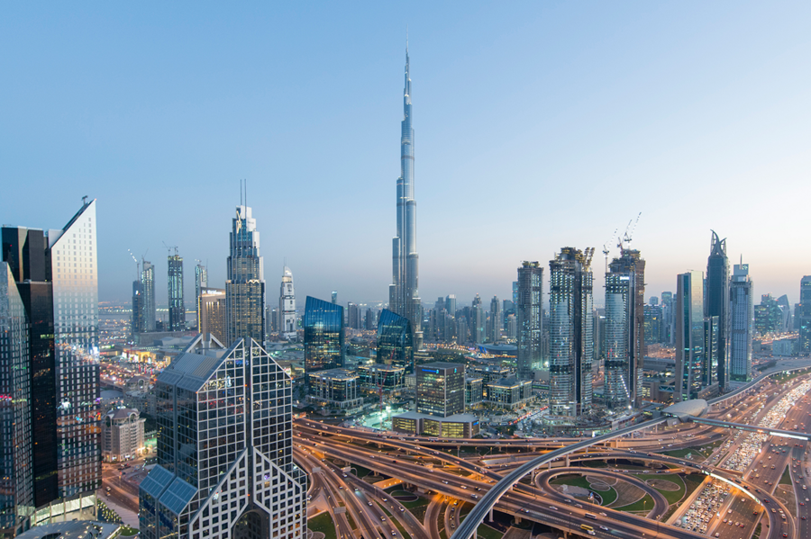 Dubai skyline at dusk.