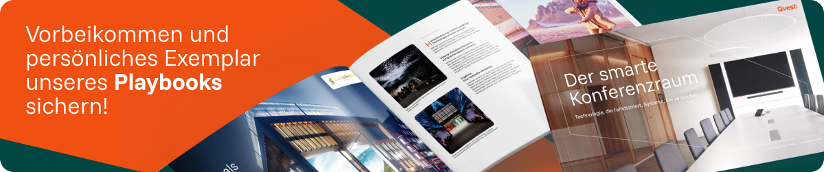 Offenes Playbook, das moderne Räume und Technologiekonzepte präsentiert, mit der Aufforderung, sich ein exklusives Exemplar zu sichern.