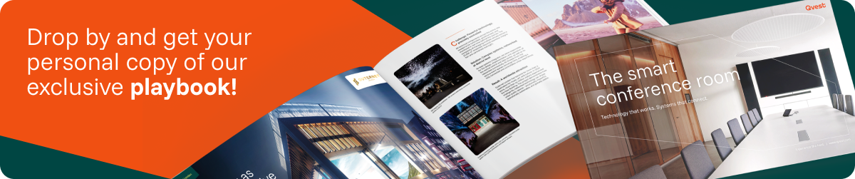 Open playbook showcasing modern spaces and technology concepts with a call to grab an exclusive copy.