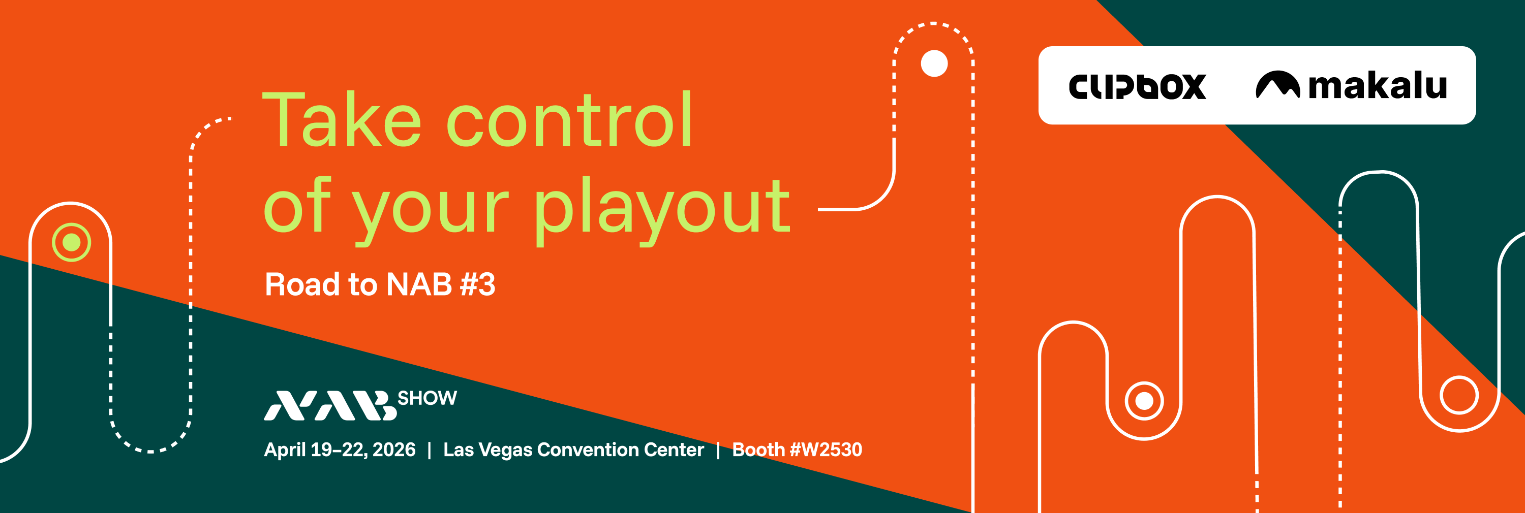 NAB event promotion with the claim "Take control of your playout".