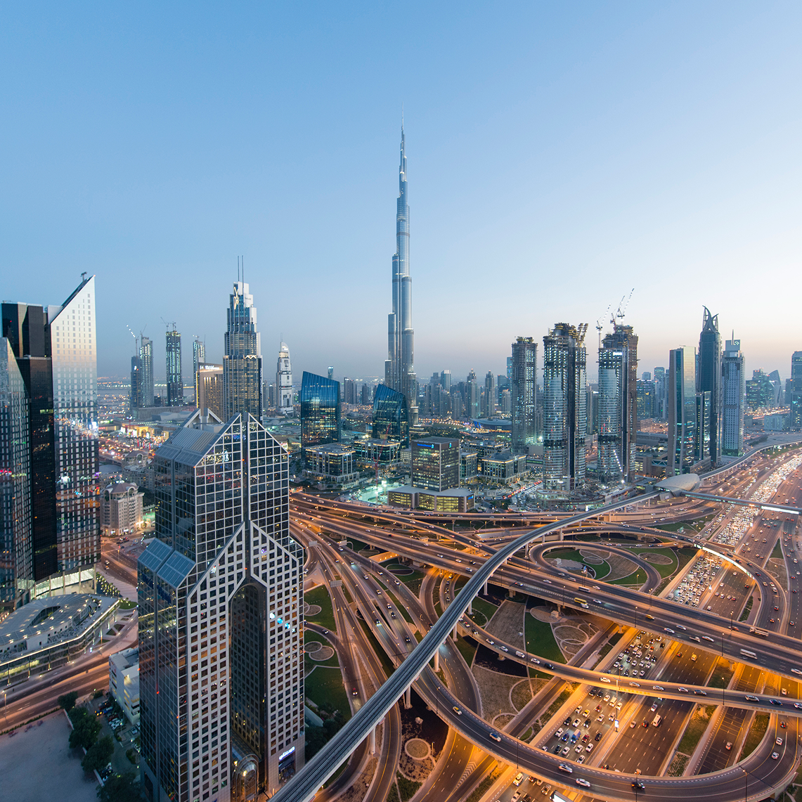Dubai skyline at dusk.