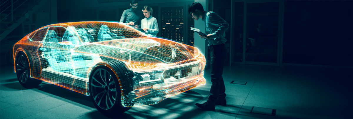 Ingenieur:innen analysieren ein digitales 3D-Hologramm eines Autos in einer Hightech-Umgebung.